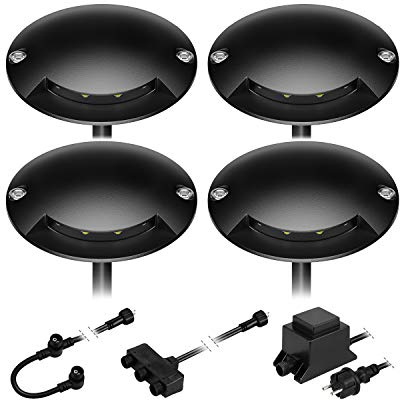 ledscom.de LED Boden-Aufbauleuchte BUNDA, 1-flammig, extra-flach, für außen, Aluminium, schwarz, rund, 7cm Ø, warmweiß, 4er Set