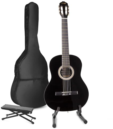 Max SoloArt Acoustic Guitar Starter Kit - Classic Black Nylon String 39 Guitar Set with Adjustable Footrest, Stand, Tuner & Accessories for Beginner Guitarists