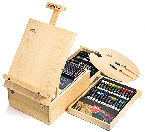 WEEKSUN Chevalet de Table en Bois avec 55 Pièces Achevée Kit Peinture, Incluez 24 Peintures Acryliques, 10 Pinceaux, 12 Crayons de Couleur et Autres Fournitures D'art pour Artistes Amateurs Débutants