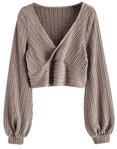 ZAFUL Women's Pullover Ribbed Batwing Lantern Sleeve Knitwear Knitted Crop Top Solid Round Neck Long Sleeve T-Shirt
