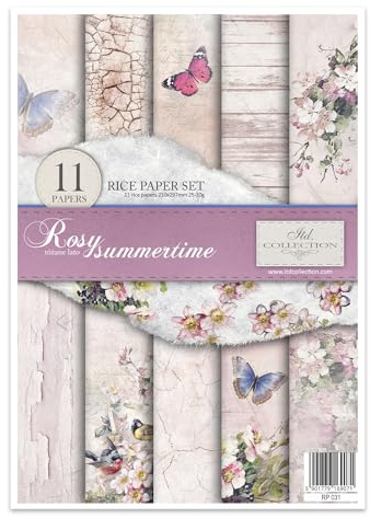 ITD Collection - Reispapier Kreativset A4 Decoupage Rice Paper Sheet 29,7 x 21 cm Serviettentechnik Mehrfarben (Rosy Summertime, RP031)