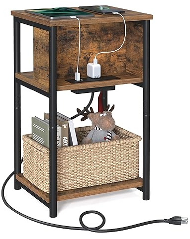 VASAGLE Side Table with Charging Station, 3-Tier End Table with USB Ports and Outlets, Nightstand for Living Room, Bedroom, 11.8 x 13.4 x 22.8 Inches, Plug-in Series, Rustic Brown and Black
