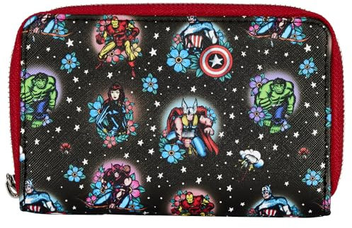 Loungefly Marvel Avengers Tattoo Zip Around Wallet - Avengers, Unisex Adult, Multi, Floral, Zipper, 3 Sections, ID Window, Decorative Embellishments, Polyurethane, Continental Wallet