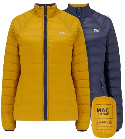 Mac in a Sac Piumino reversibile Polar II da donna, idrorepellente, leggero, extra caldo, tasche con cerniera, 90% piumino, 10% piuma, 2 cappotti in 1, Senape Navy, M