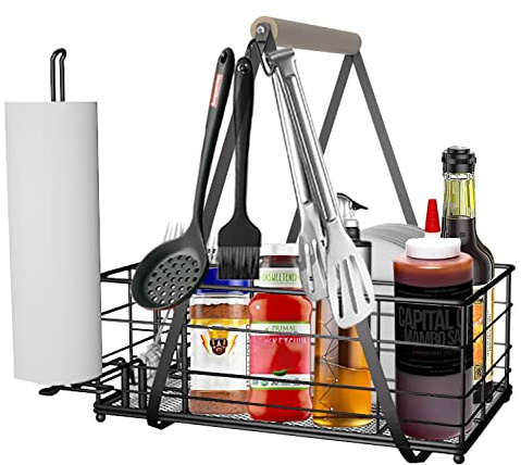 Picnic Caddy BBQ Utensil Caddy for Outdoor Grill Camping for Plate Cutlery CompartmentStorage with 3 Hooks Kitchenn Barbecue Accessories RV Patio Tailgate EssentialsEasy Carry Grilling Gifts for Men