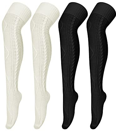 Bencailor 2 Pares Calcetines hasta el Muslo de Invierno Medias de Punto Sobre la Rodilla Extralargas para Botas Mujer, Blanco y Negro