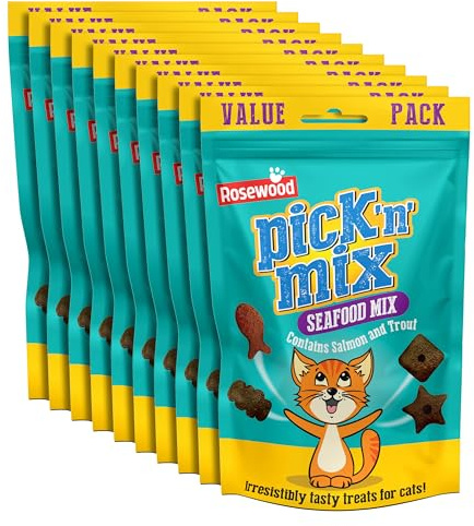 Rosewood Pick 'n' Mix Treats for Cats - Large Value Packs, Seafood Cat Treat Mix Made with Salmon and Trout, Added Vitamins and Minerals, No Added Sugar, Small Cat Biscuits (Case of 10 x 180g)