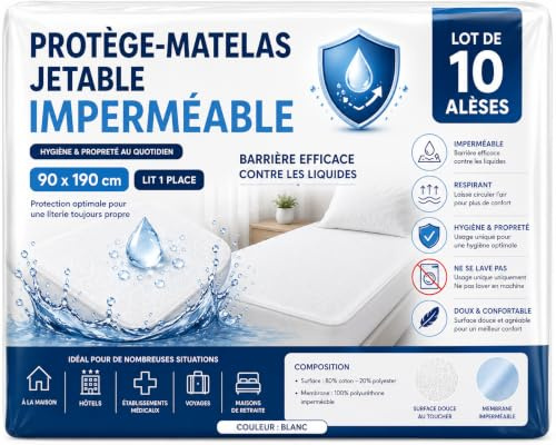 Protège-Matelas Jetable Imperméable 90x190 cm – Lot de 10 Alèses – Housse Lit 1 Place – Protection Literie Usage Unique – Hygiénique & Pratique – Idéal Courts Séjours, Hôtels, Locations Saisonnières