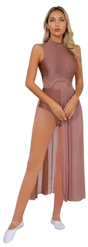 Aislor Vestido de Danza Contemporanea Mujer Maillot de Patinaje Sin Manga Vestido Largo Vestido de Gasa Irregular Disfraz de Bailarina Marrón Claro S