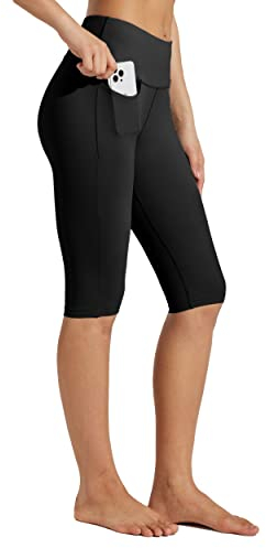 WILLIT Damen Knielange Caprihose Leggings Capri mit Taschen High Waisted Übung Capris Hosen für den Sommer Yoga Workout Schwarz L
