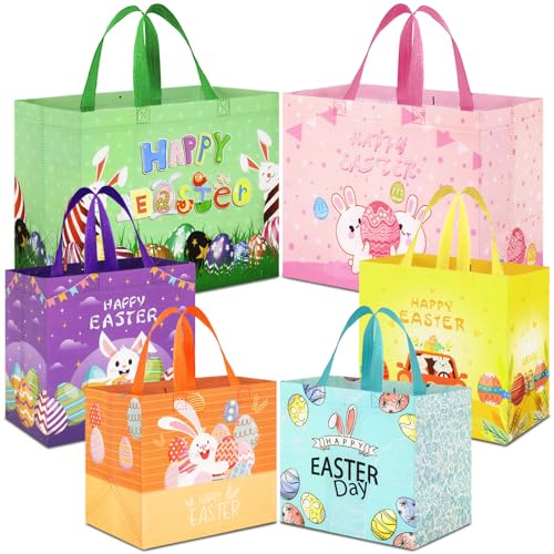AhfuLife 6 Pcs Borsa Regalo di Pasqua, Borsa per Uova di Coniglietto di Pasqua, Sacchetti Riutilizzabili in Tessuto non Tessuto con Maniglie, Borse per Feste di Caccia All'uovo (6 Stili)