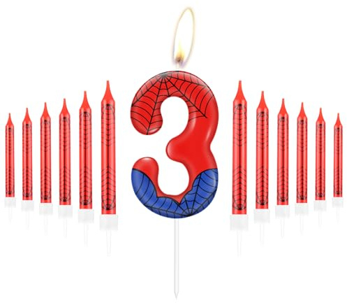Personlig Happy 3rd Birthday Tårtljus Set, Blå Röda Ljus Med Spindelväv, Spindelnummer 3 Ljus Tårtdekorationer För 3:e Födelsedagen Fest För Pojkar Och Flickor
