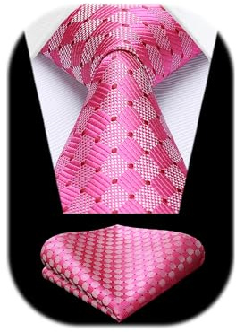 HISDERN Cravate Homme à Carreaux de Soie Formelle Élégant Rose Vif Cravates et Mouchoir pour Hommes d'Affaires Mariage