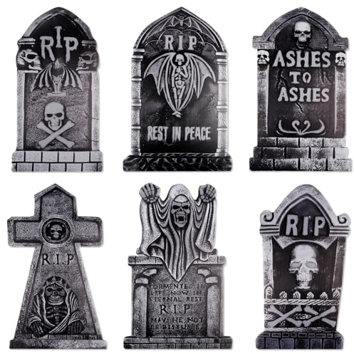 Larber 6 Pack Halloween Tombstones, RIP with Skeleton Bats Skull, Halloween Grave for Home and Garden, Cemetery, Lawn, Patio, Porch, Backyard, 42 cm