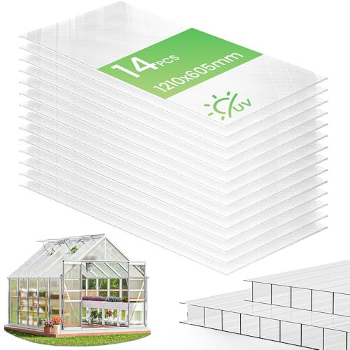 VOUNOT® Lot de 14 Plaques Polycarbonate Alvéolaire 4mm Plaques Polycarbonate Double Paroi 60.5x121cm Transparentes Résistantes UV Plaques Alvéolaires pour Serre Jardin Abri Bricolage Terrasse