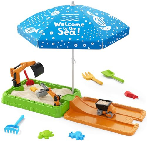HYES Escavatore Sabbiera per Bambini, Sabbiere con Ombrellone, Giocattoli da Spiaggia con Pala di Sabbia, Giochi da Giardino Regali di Gioco Estivi per Bambini 3-5 Interno ed Esterno, Verde