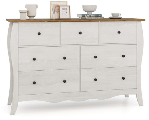 COSTWAY Wooden Chest of Drawers, 7-Drawer Dresser Storage Cabinet with Folding Fabric Drawers, Farmhouse Freestanding Chest Cupboard Organiser Unit for Bedroom, Living Room and Hallway, 120x39x78cm