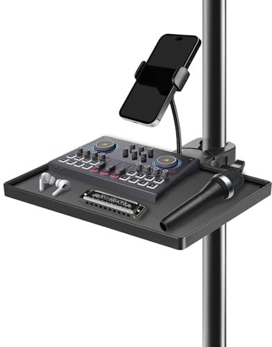 BILIONE Mic Stand Tray with Gooseneck Phone Holder, 10.6 X 7.8 Microphone Stand Tray Crab Clamp On Music Stand Floor Shelf Pole Mount, Karaoke Accessories