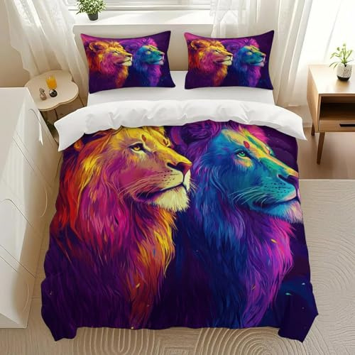 MeiRoTi Colorful Lion Duo Bedding Comforter Sets Bedding Set 3 Pieces (1 Duvet Cover 2 Pillowcases) with Zipper Closure Lightweight