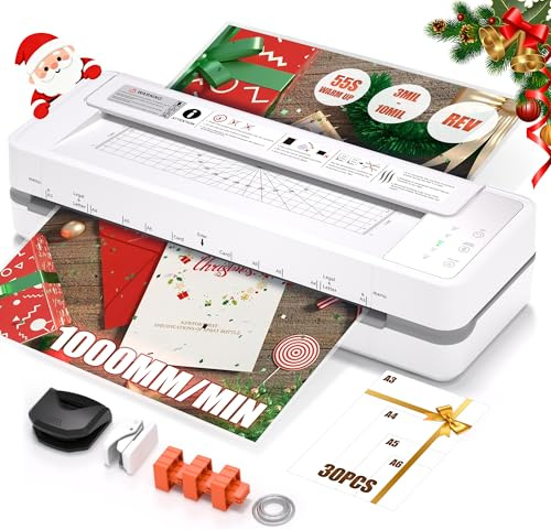 4-Roller Commercial Laminating Machine, 3-10 Mil Thickness Laminator Machine, Fast 55s Warm-Up & 1000mm/min Laminating Speed for Laminating 11x17 & A3 Size, Includes 30 Sheets for Office, School