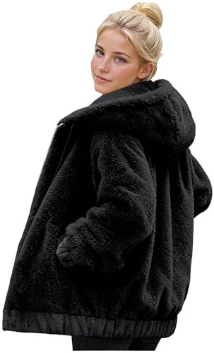 Womens Fluffy Coat Thermal Teddy Bear Fleece Jackets Ladies Double-Sided Fleece Hooded Coat Cozy Faux Fur Overcoat with Pockets & Elastic Hem Spring Fall Winter Warm Plush Jacket Plus Size M-4XL