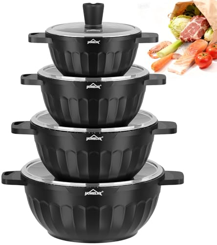 HOMELUX Grytsats Induktion 8-delad, 20/24/28/32cm Kastrullsats med Antihaftbeläggning, Induktionsgrytor för Alla Spistyper, PFOA/PFOS-fria, Vertikal & Svart