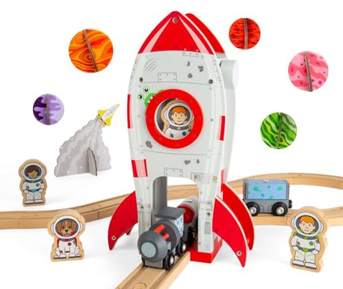 Bigjigs Rail Rocket Ship, Wooden Space Themed Railway Accessory | Spaceship & Astronaut Figure, Imaginative Play, Compatible with Most Major Wooden Railway Brands, Gift for Children Age 3+
