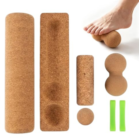 6 en 1 Kit de planche d'équilibre en liège, avec balle en forme de cacahuète, rouleau et balle de massage, 2 bandes de résistance, yoga et entraînement à la mobilité