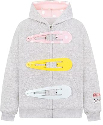 HooteBeooe Sweat à capuche Y2K zippé pour femme avec doublure à pois et grosses barrettes, imprimé Harajuku, décontracté, streetwear