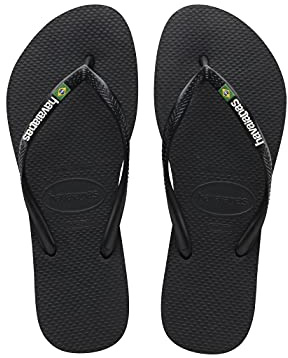 Havaianas - Slim Brasil Logo, Infradito Comode, Resistenti e Leggere, Omaggio al Brasile, Bandiera su Cinghie e Suola, Donna, Nero, 35/36 EU