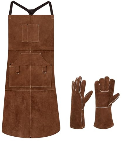 eletecpro Heavy Duty Leather Welding Apron Genuine Cowhide Flame & Heat Resistant Adjustable 42Lx24W with 6 Tool Pockets and Gloves for Mechanic, BBQ, Woodworking, Gardening, Men & Women Gift, Brown