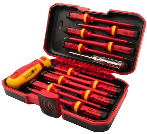 Tolsen 13pcs VDE Insulated Electricians Screwdriver Set with Rubber Handle in Hard Case | Interchangeable | Magnetic Tips | 1000V | Ideal for Electrical, Home and DIY Projects