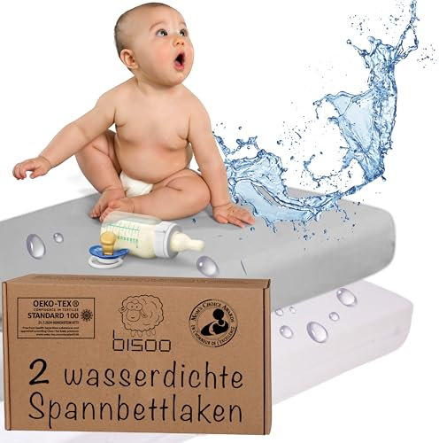Bisoo Sannbettlaken 80 x 130 - Bettlaken Matratzenschoner 130x80 Wasserdicht für Kinderbett, Babybett und Wiege 100% Baumwolljersey Öko-Tex - wasserdichte Spannbetttuch 2 Stück Set Weiß + Grau 80x130