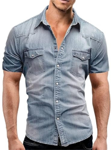 Camisa vaquera de manga corta para hombre, de algodón suave, con dos bolsillos, ajustada, ligeramente elástica