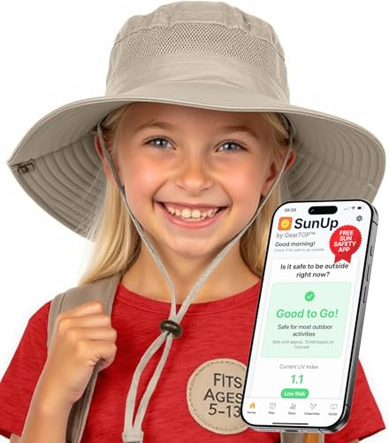 GearTOP Safari Hats for Kids UPF 50+ Kids Sun Hats Boys & Girls Bucket Hat, Khaki, Ages 5-13