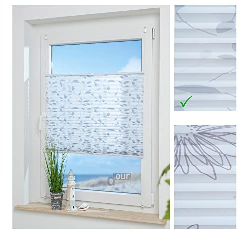 ourdeco Klemmfix-Plissee / 100 x 130 cm Blätter grau/lichtdurchlässig, Blickdicht/Montage ohne Bohren