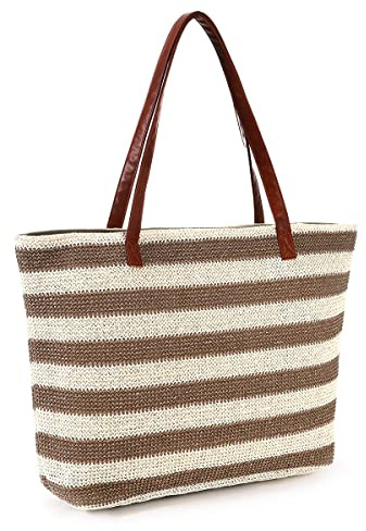 JFAN Borsa da Spiaggia in Paglia Borsa Tote Mare Donna Grande Con Chiusura Zip Borse Spalla Intrecciata Casual Estate Riga Bianco Sporco Taglia Unica