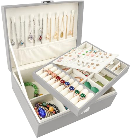 Homeanda Portagioie a 2 strati, in pelle, per donne, ragazze, adolescenti, portagioie, con serratura (UG-grigio)