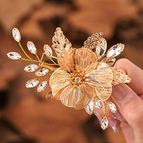 Ushiny Pince à cheveux en forme de fleur pour mariée - Doré - Cristal - Pour femme et fille