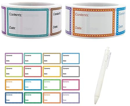 2 Rolls of 1000 Pcs Food Label Stickers with 1 Writing Pen, Freezer Labels, Self-Adhesive Label Stickers, Easy Tear Off Date Labels for Storage Boxes, Jars