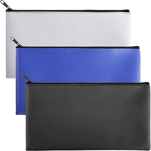 Vueinrg 3 Stück Geldtaschen Banktasche mit Reißverschluss 27 x 15 cm Geldmappe aus PU Kunstleder Bankmappe für A5 Dokumente Schule Haushalt Business (Schwarz + Dunkelblau + Hellgrau)
