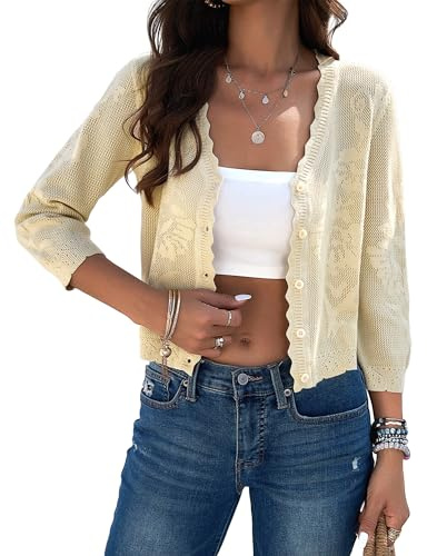 Kate Kasin Cardigan corto da donna Bolero alla moda leggero manica a 3/4 abbottonatura all'uncinetto strutturato coprispalle top, Albicocca, XXL