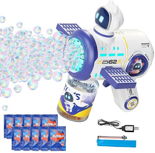 Seifenblasenpistole Kinder, Wiederaufladbare Seifenblasenmaschine, 15 Loch Seifenblasen Pistole mit LED Licht, Seifenblasenflüssigkeit und Batterien, Outdoor Spielzeug für Mädchen und Jungen
