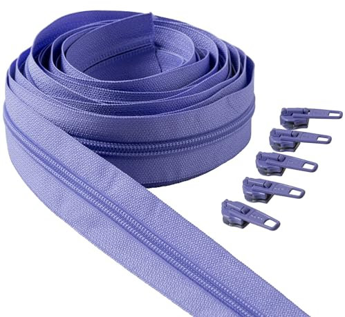 IPEA Cerniera Lampo Catena Continua Viola Lilla lunga 5 Metri + 15 Cursori in Metallo – Made in Italy – Catena misura #5 – Cerniere in Nylon – Zip – Tagliabile per Cucito al Metro – Larga 30 mm