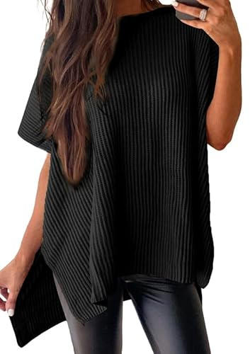 SHEWIN Oversized Sweaters for Women Lightweight Crew Neck Short Sleeve Sweater Loose Business Casual Tops Pullover Womens Tunic Tops Fall Spring Outfits for Women 2026 Black X-Large