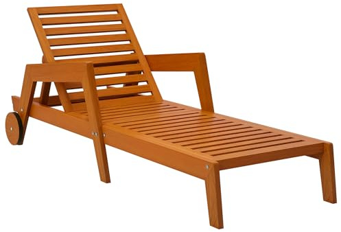 Outsunny Bain de Soleil en Bois à Lattes, Chaise Longue de Jardin, transat, Dossier inclinable sur 3 Positions, accoudoirs, 2 Roues, Marron