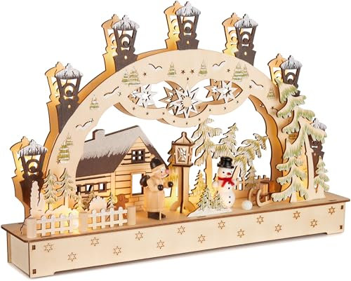 Brubaker Arco di Candele 3D - Casa di Natale nella Foresta con Lanterne - Luci di Natale LED in Legno Naturale - 27 x 40 x 7,5 cm - Decorazione Natalizia Dipinta a Mano per Tavolo e Davanzale