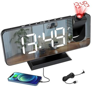 Radiowecker mit 180° Projektor,Projektionswecker für Schlafzimmer, Digitaluhr für Schlafzimmer 7 LED-Anzeige,USB/Type-C-Anschluss, 12/24H,Doppelalarm mit Wochenend/Wochentagsmodus, Snooze, Dimmer