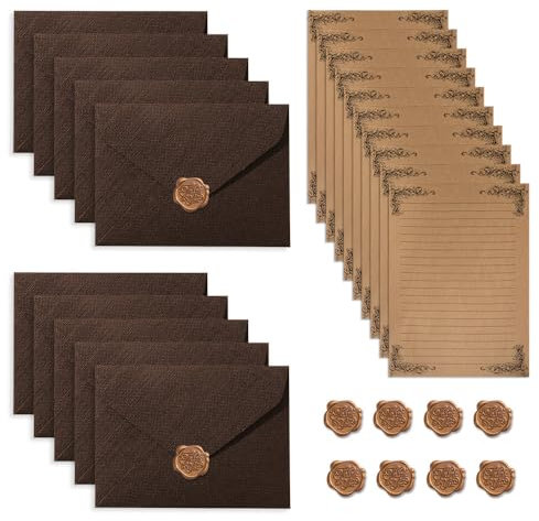 YZROHYI 10 Stück Schreiben Vintage Briefpapier Mit Umschlag,Briefumschläge Briefpapier Und Umschläge Set,Schreibpapier,Letter Paper And Envelope Set,Brief Set Büttenpapier mit 10 Wachssiegel-aufkleber
