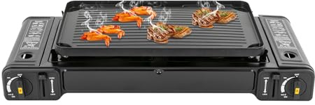 2-Flammig Campingkocher mit Grillplatte & Koffer,Tragbarer Gas Tischgrill für Outdoor, Camping und Picknick, 5000W Dual-Brenner mit Windschutz & Schnellkochsystem